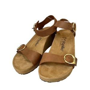 Papillio by Birkenstock Soley Cognac Brown Leather Cork Wedge Sandals Size 40